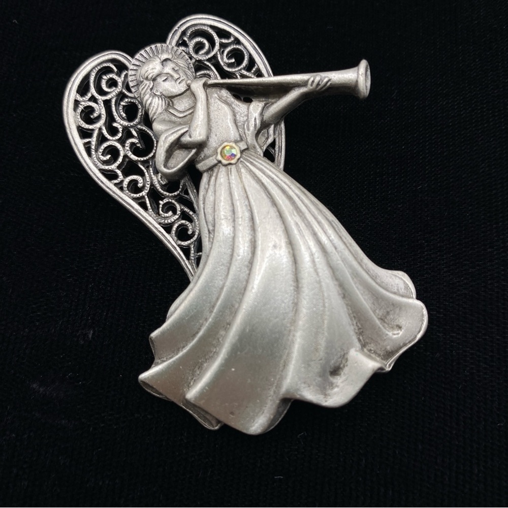 Vintage JJ JONETTE Pewter Angel With Horn Brooch Pin